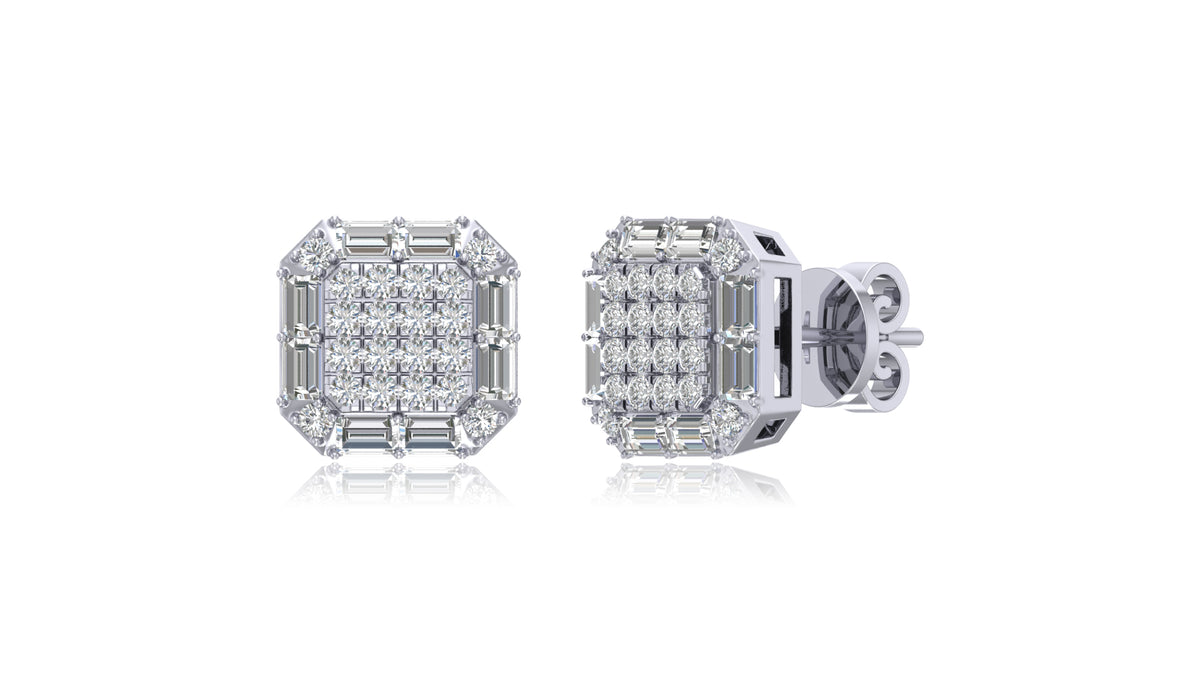 925 Silver Octagon Halo Baguette Diamond Stud Earrings