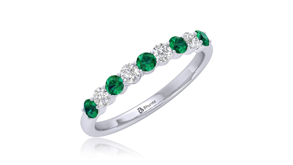 14K White Gold Green Gemstone and Diamond Band Ring