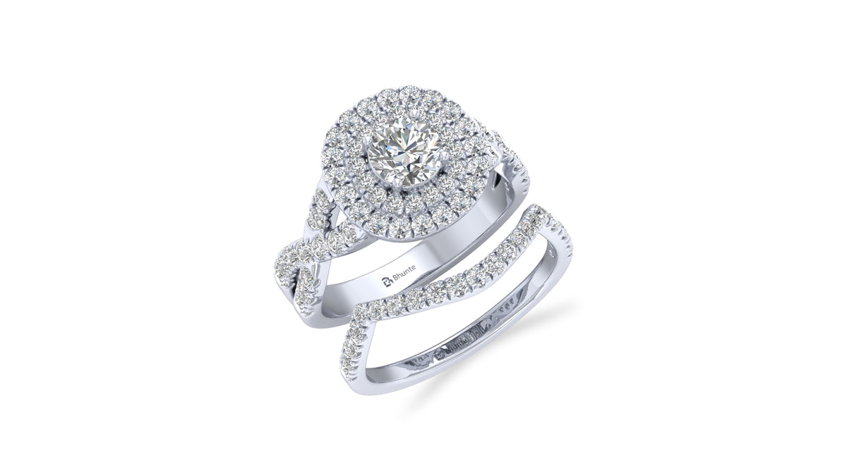 14K White Gold Halo Diamond Engagement Ring Set