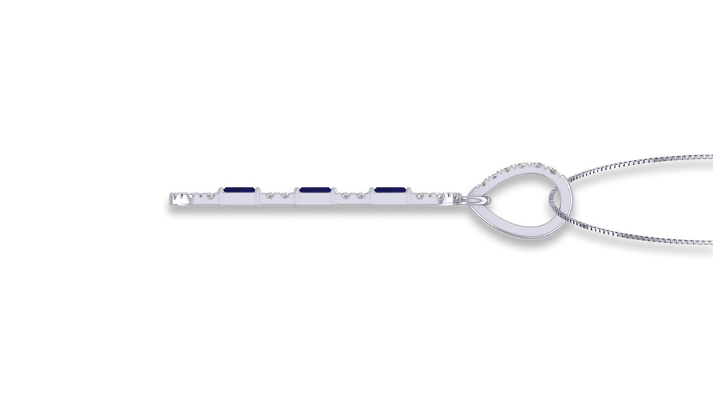 14K White Gold Blue Sapphire and Diamond Bar Pendant