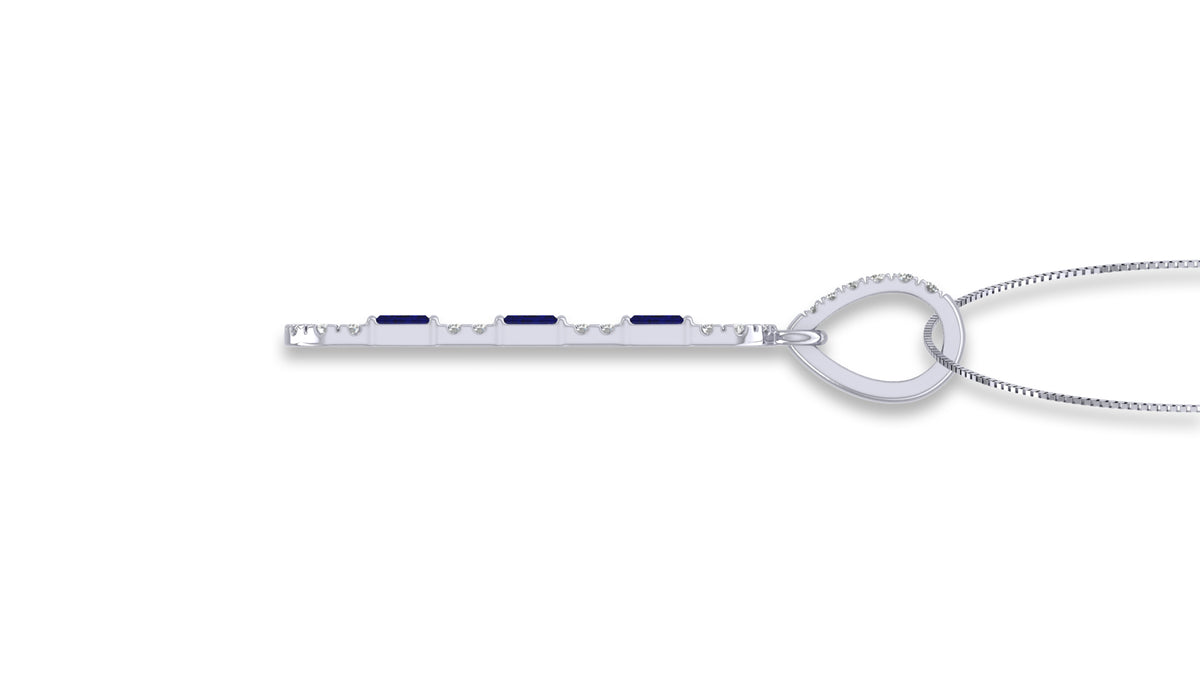 14K White Gold Blue Sapphire and Diamond Bar Pendant