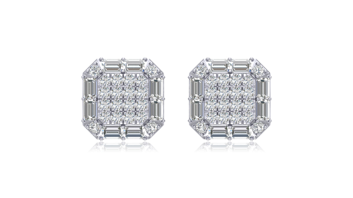 925 Silver Octagon Halo Baguette Diamond Stud Earrings