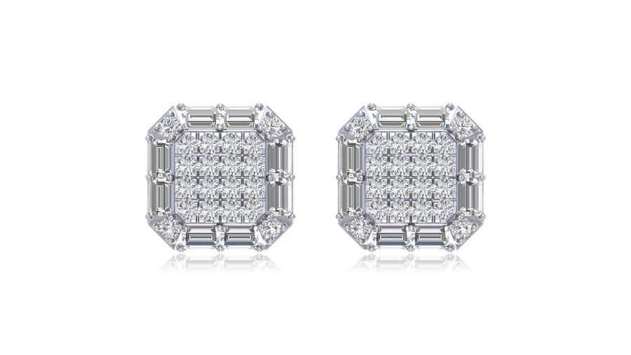 925 Silver Octagon Halo Baguette Diamond Stud Earrings