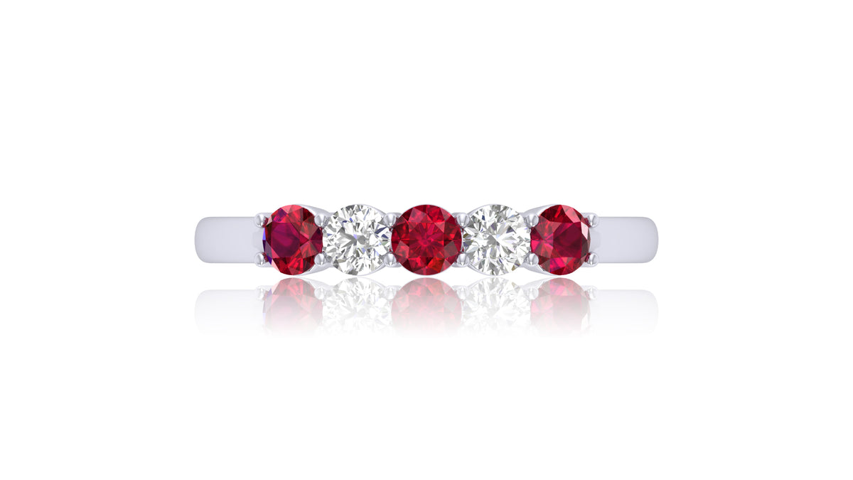 925 Silver Ruby Gemstone and Diamond Five-Stone Ring