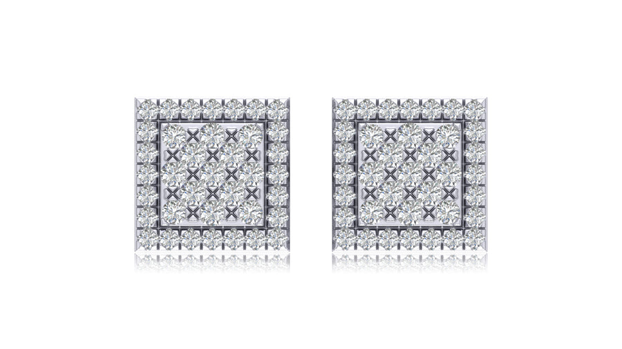 14K White Gold Square Lattice Diamond Stud Earrings