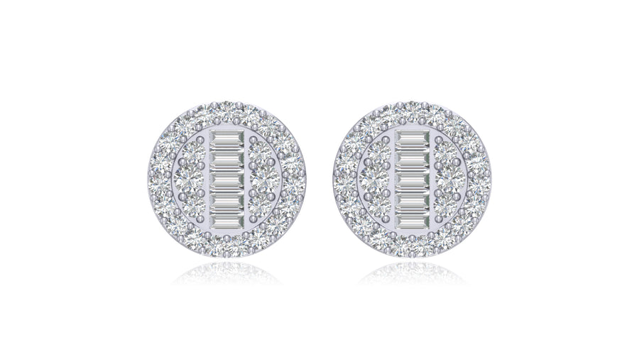 14K White Gold Round Halo Baguette Diamond Stud Earrings