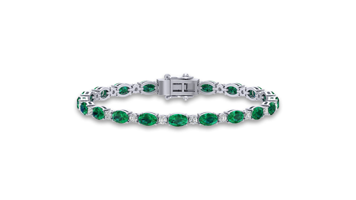 14K White Gold Green Gemstone and Diamond Tennis Bracelet
