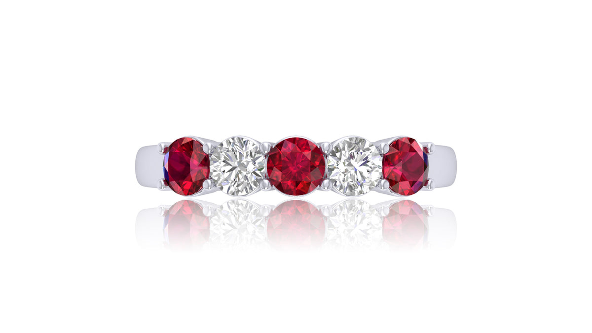 14K White Gold Ruby and Diamond Five-Stone Ring