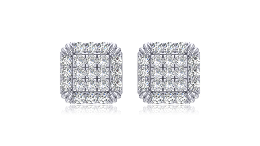 14K White Gold Square Diamond Halo Stud Earrings