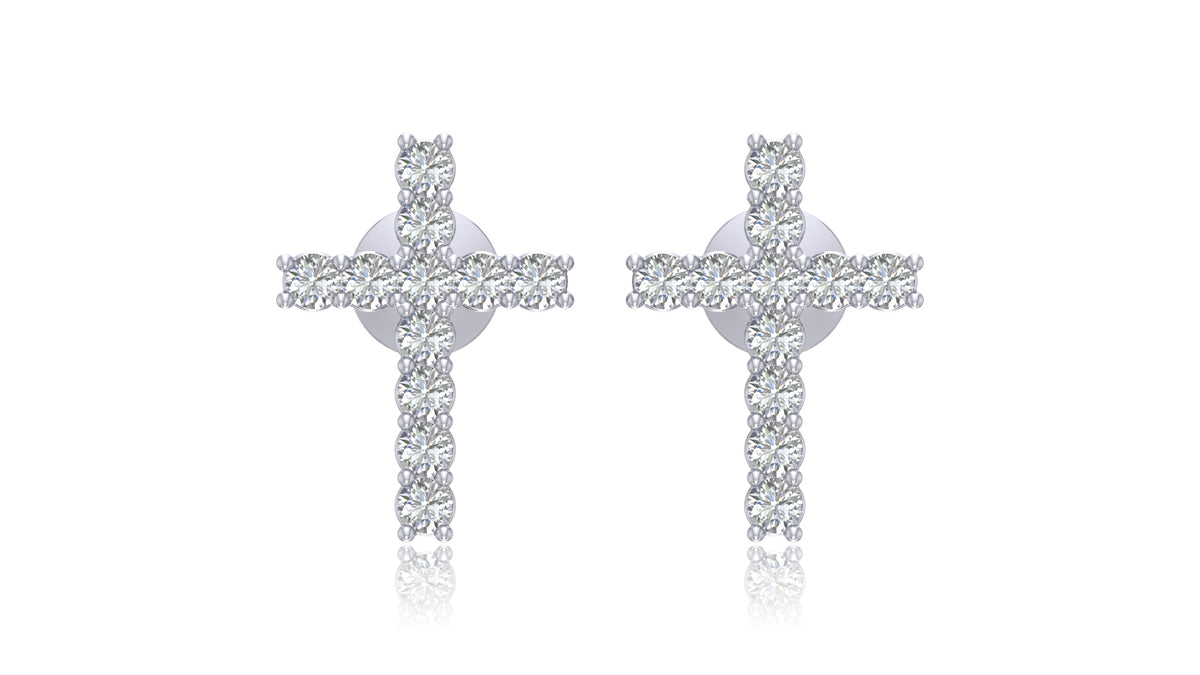 14K White Gold Diamond Cross Stud Earrings