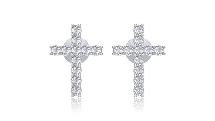 14K White Gold Diamond Cross Stud Earrings
