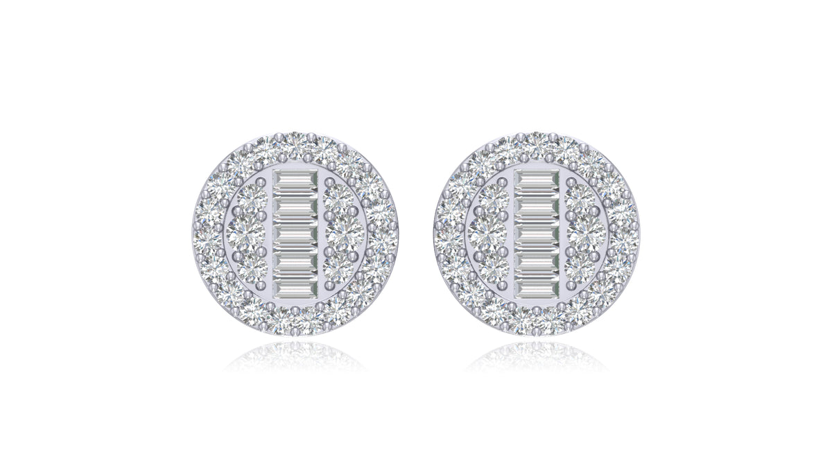 925 Silver Round Halo Baguette Diamond Stud Earrings