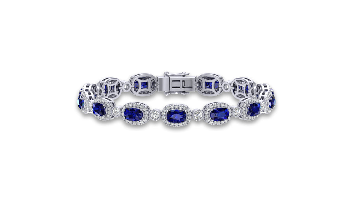14K White Gold Blue Cushion Gemstone and Diamond Bracelet