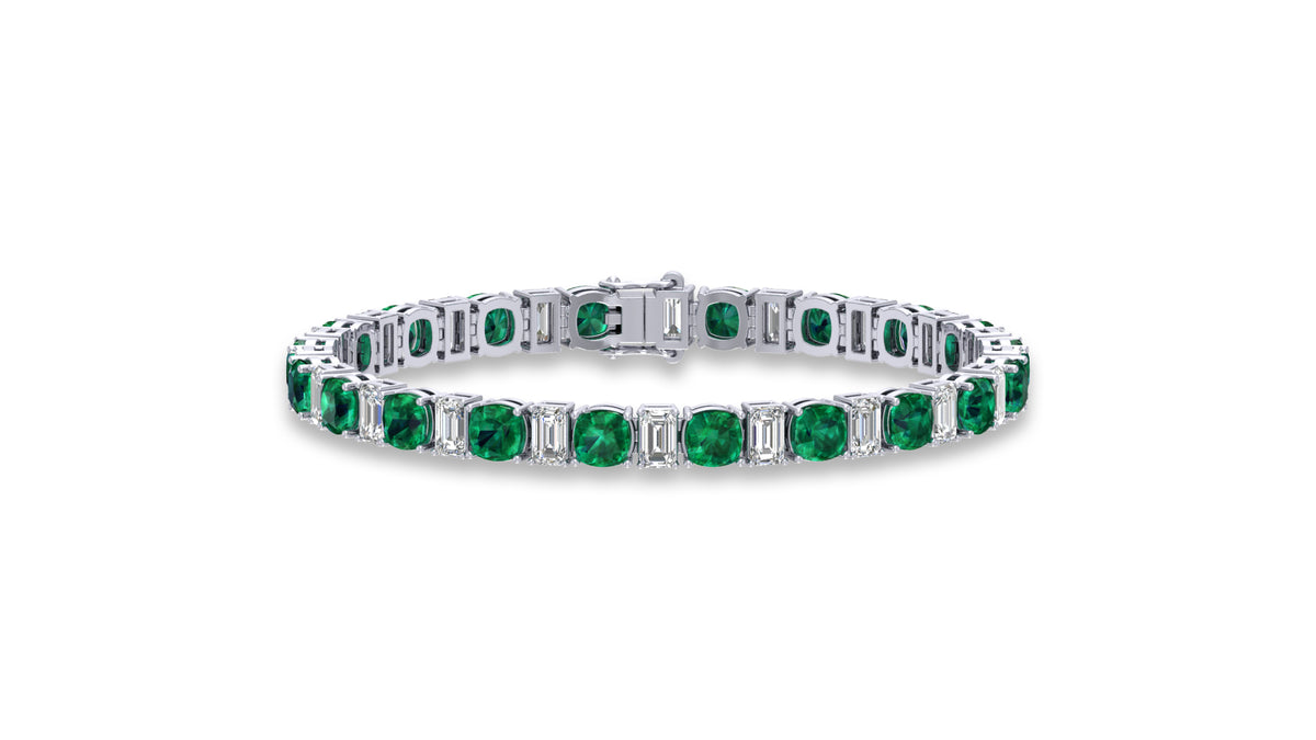 14K White Gold Green Emerald and Diamond Tennis Bracelet
