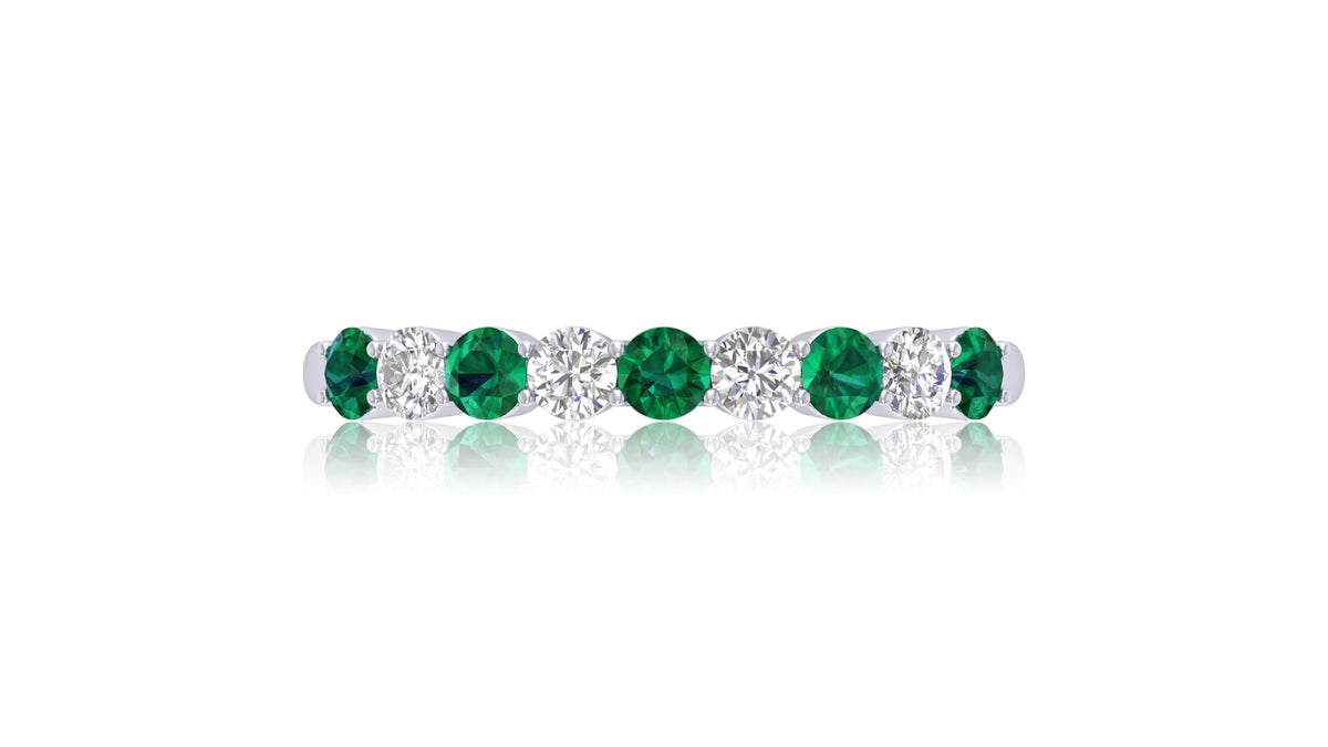 14K White Gold Green Gemstone and Diamond Band Ring