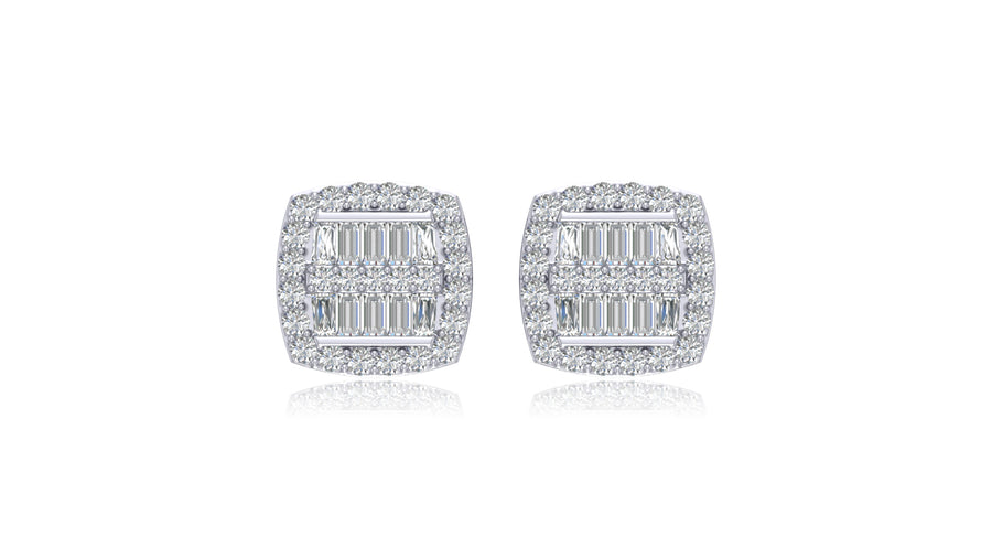 14K White Gold Baguette and Round Diamond Stud Earrings