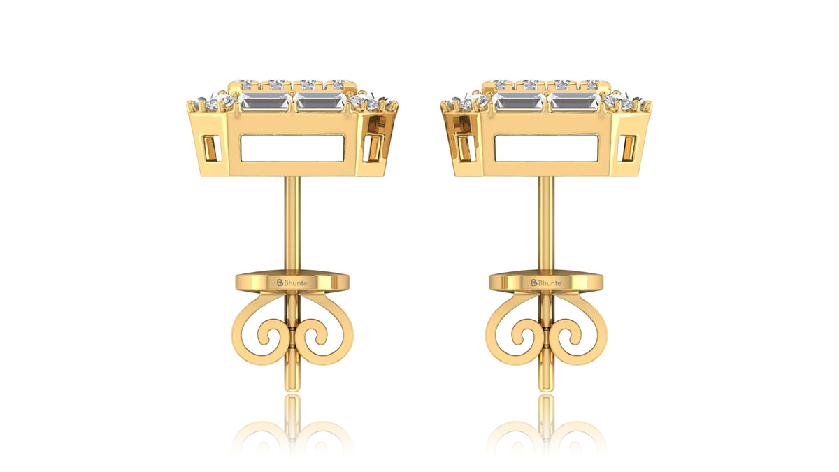 14K Yellow Gold Octagon Halo Baguette Diamond Stud Earrings