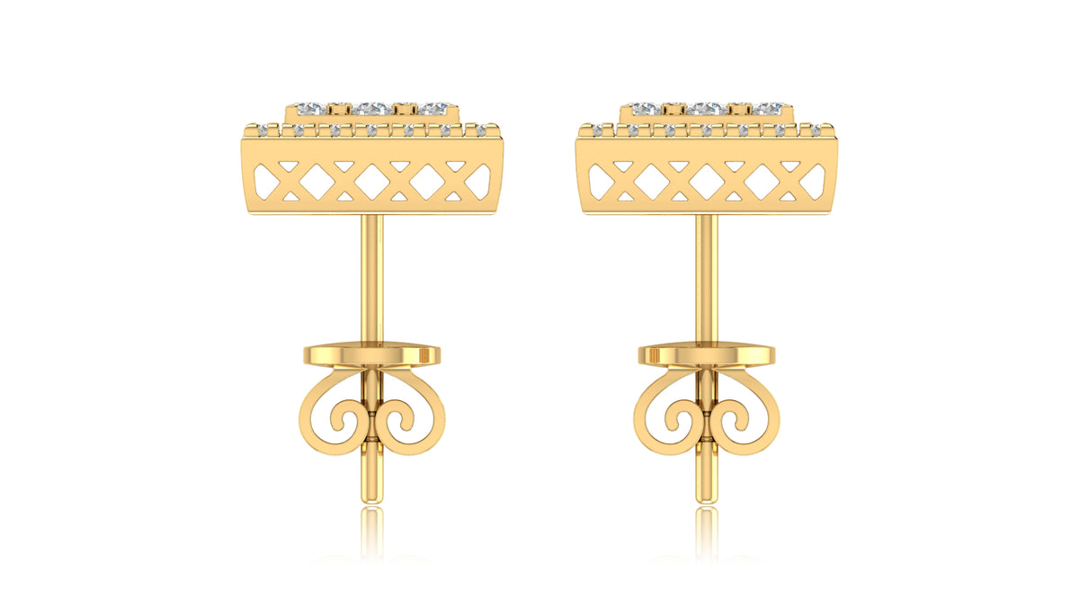 14K Yellow Gold Square Lattice Diamond Stud Earrings
