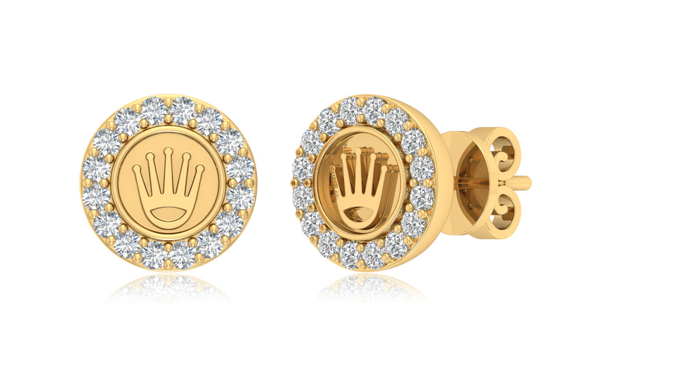 14K Yellow Gold Round Diamond Crown Stud Earrings