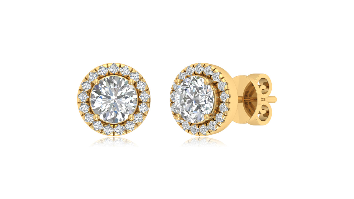 14K Yellow Gold Center Halo Diamond Stud Earrings