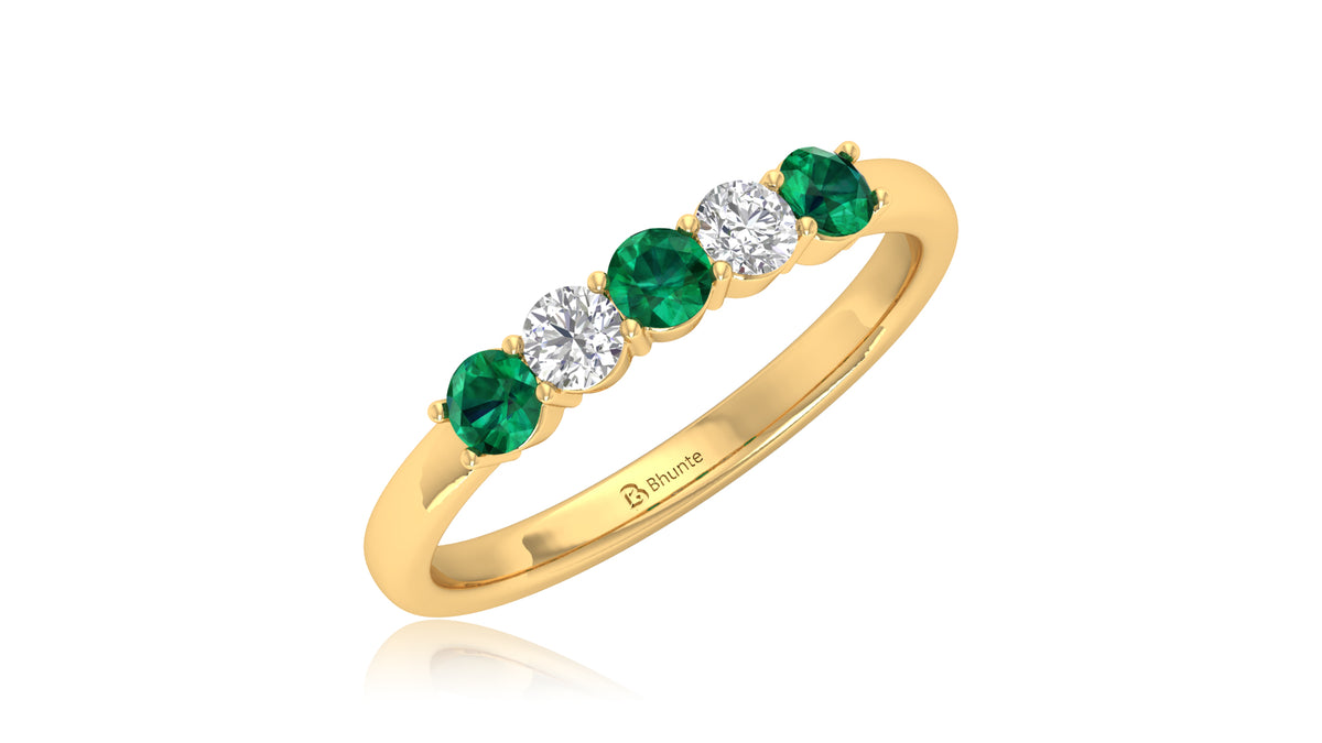 14K Yellow Gold Emerald Green Gemstone and Diamond Band Ring