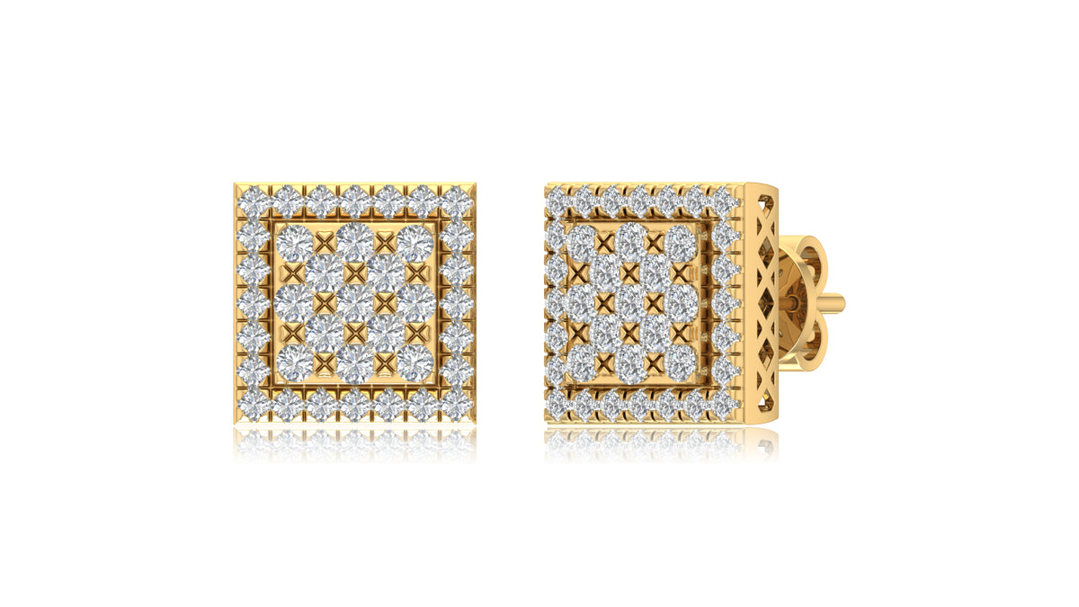 14K Yellow Gold Square Lattice Diamond Stud Earrings