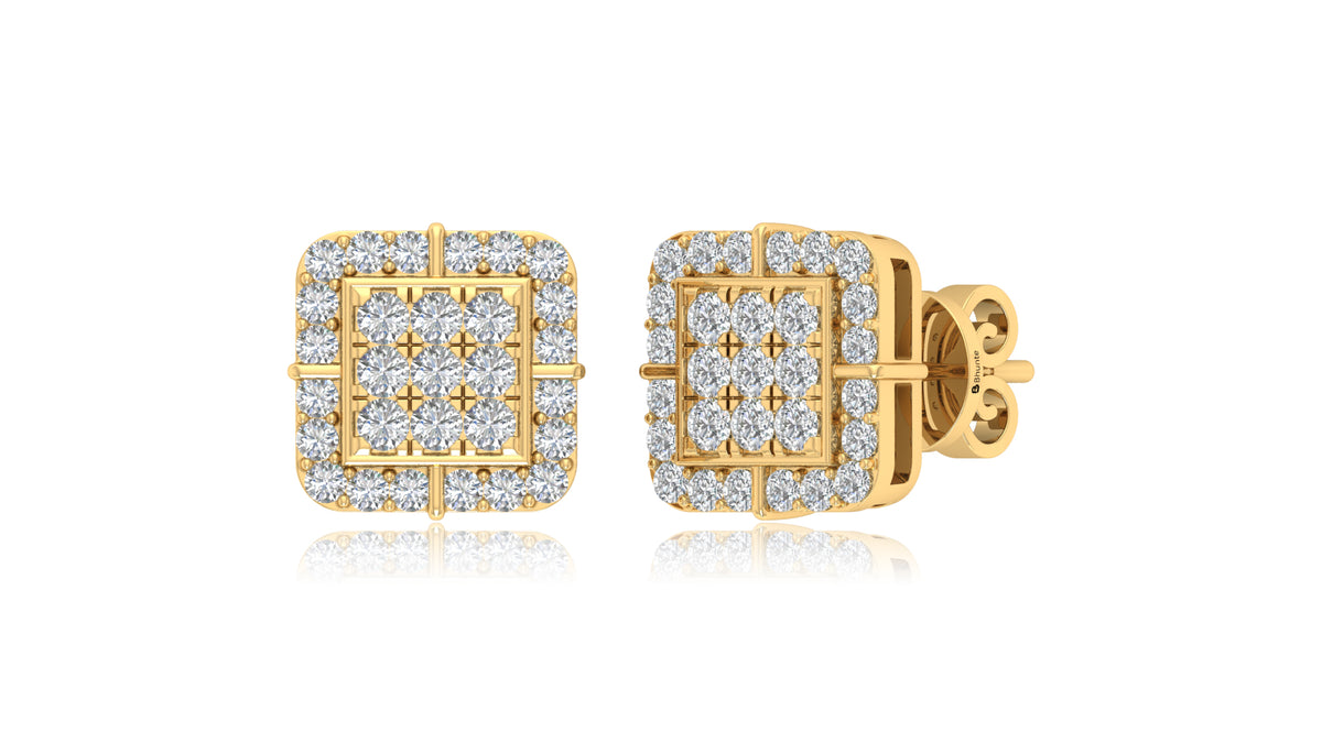 14K Yellow Gold Square Halo Diamond Stud Earrings