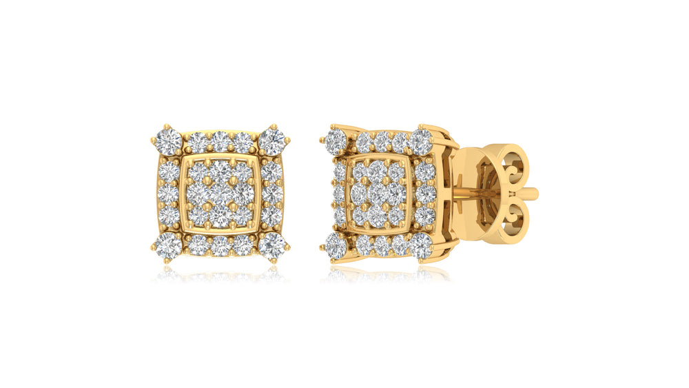 14K Yellow Gold Square Halo Diamond Stud Earrings