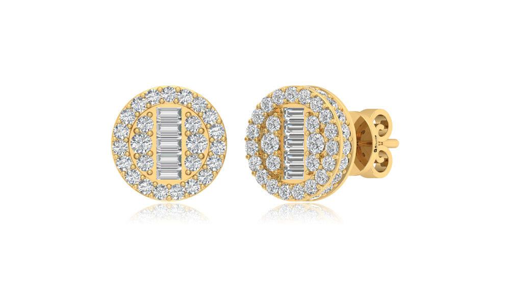 14K Yellow Gold Round Halo Baguette Diamond Stud Earrings