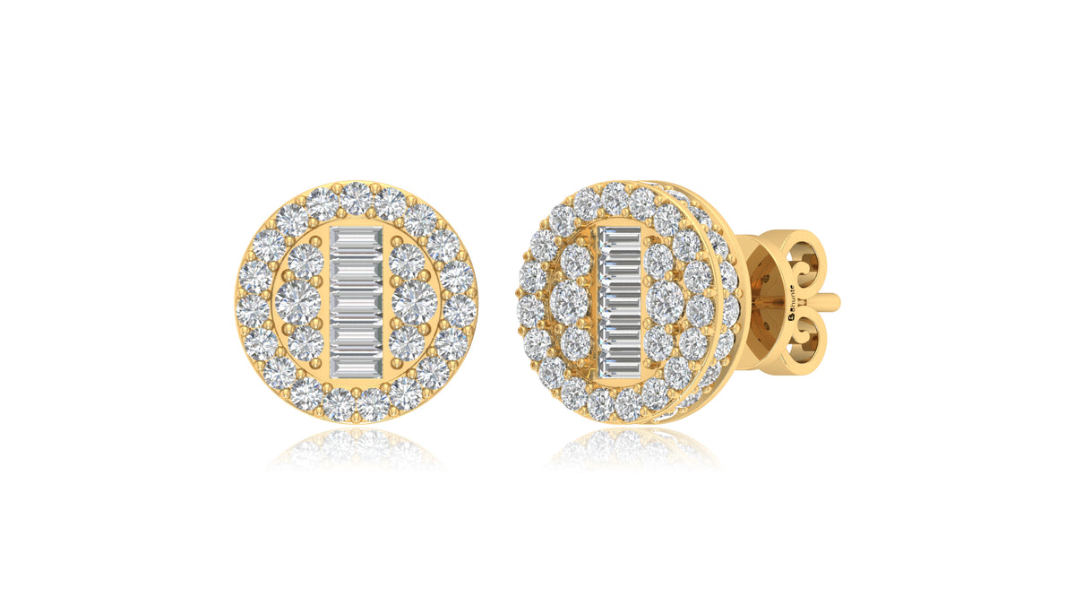 14K Yellow Gold Round Halo Baguette Diamond Stud Earrings