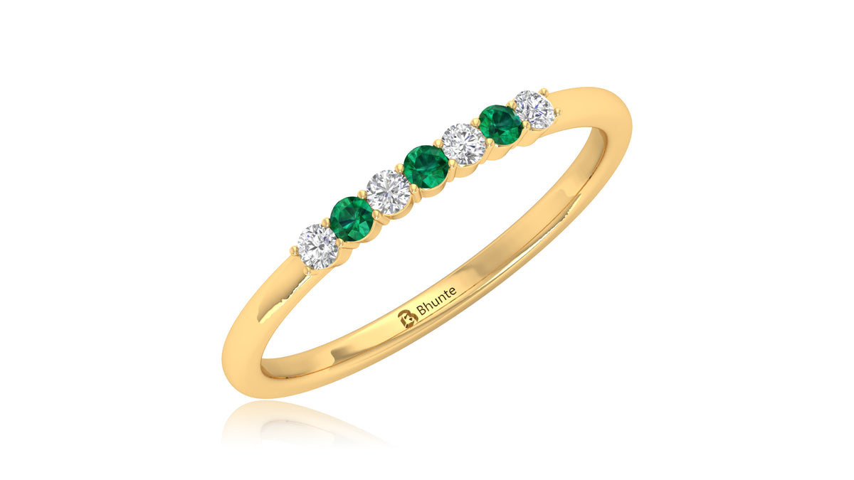 14K Yellow Gold Green Gemstone and Diamond Band Ring