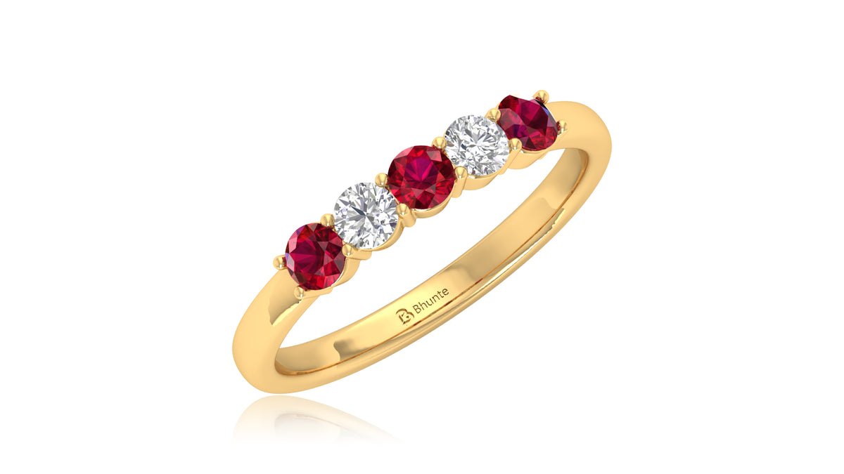 14K Yellow Gold Gold Ruby Gemstone and Diamond Five-Stone Ring