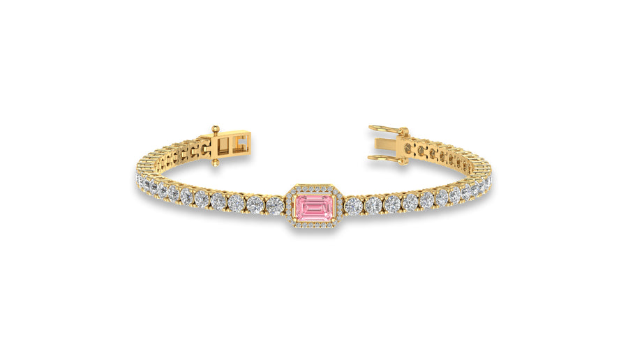 14K Yellow Gold Emerald Cut Pink Stone Diamond Bracelet