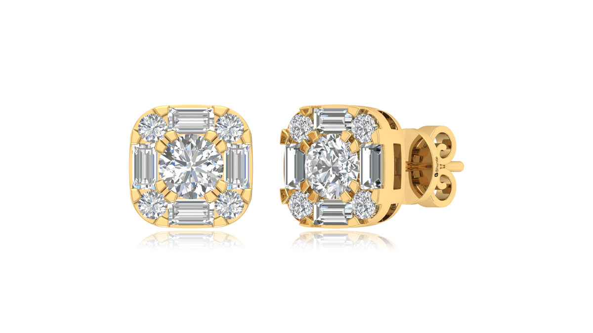 14K Yellow Gold Cushion Halo Diamond Stud Earrings