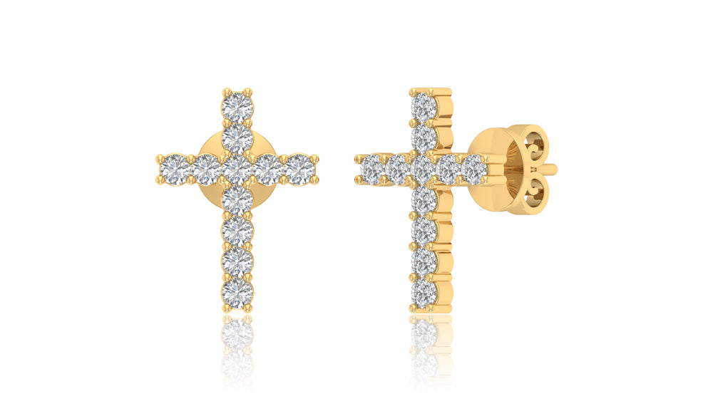 14K Yellow Gold Diamond Cross Stud Earrings