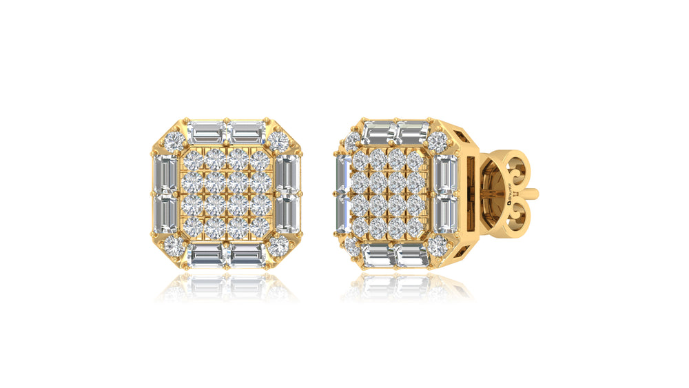 14K Yellow Gold Octagon Halo Baguette Diamond Stud Earrings