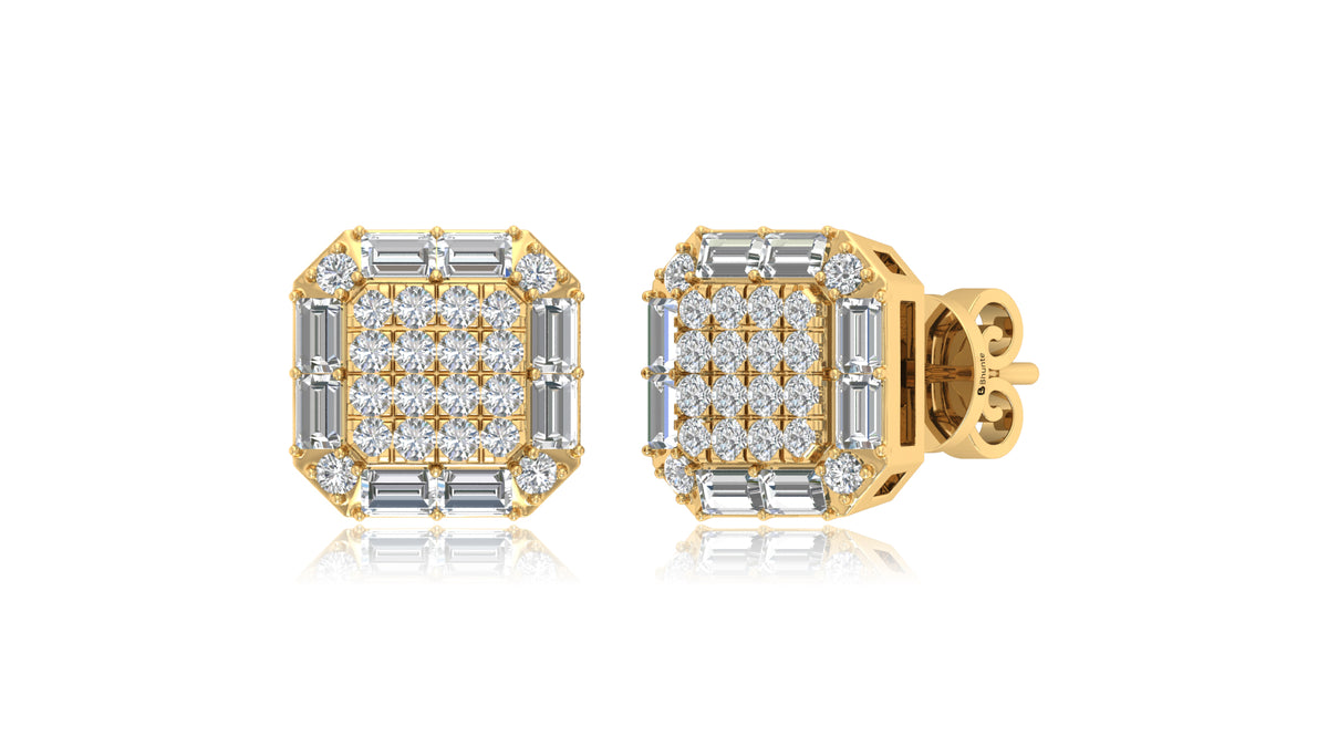 14K Yellow Gold Octagon Halo Baguette Diamond Stud Earrings