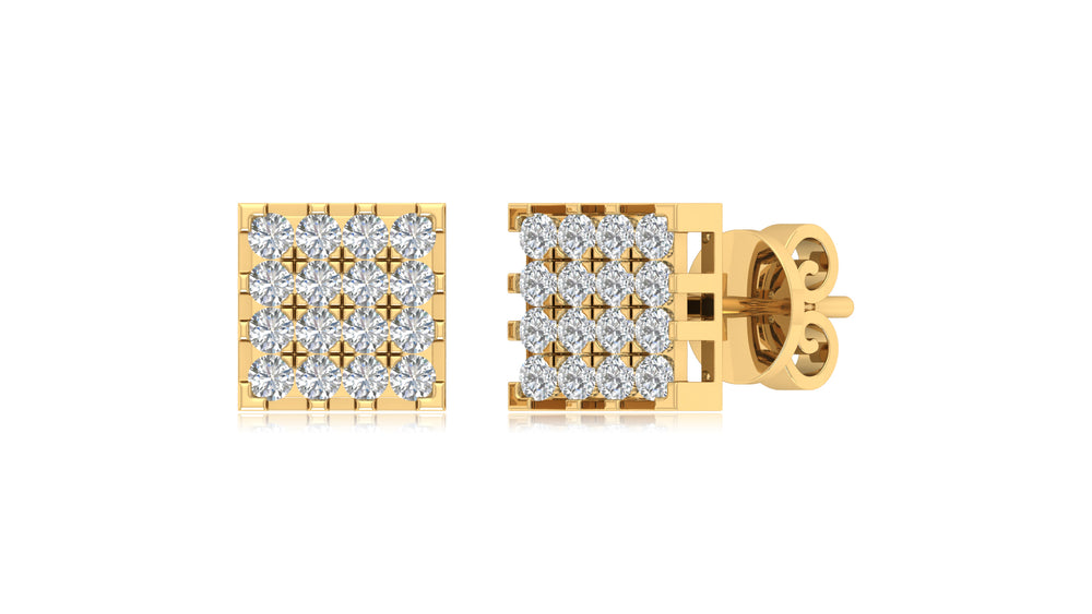14K Yellow Gold Square Diamond Grid Stud Earrings