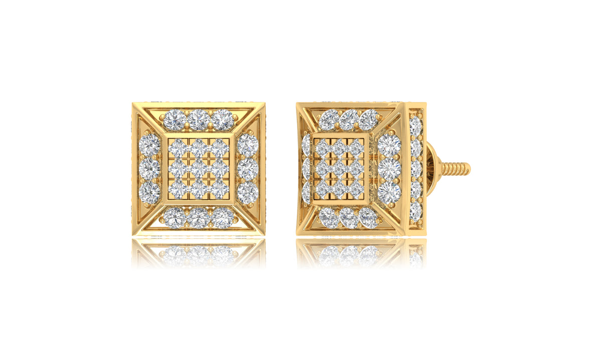 14K Yellow Gold Princess Cut Halo Diamond Stud Earrings