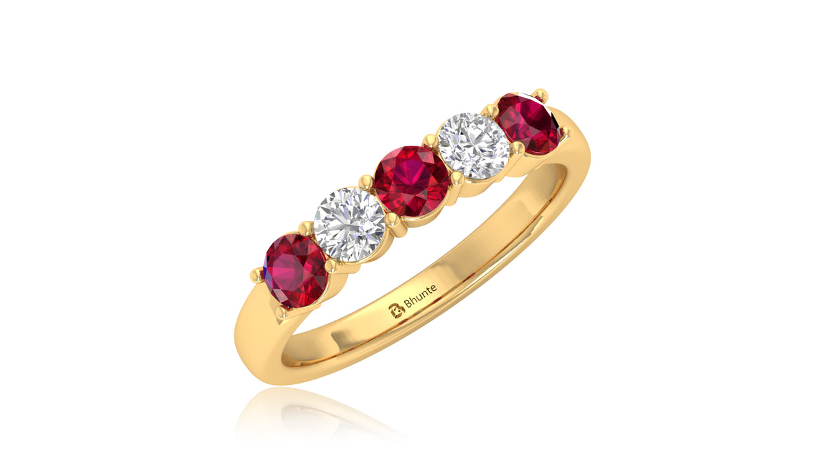 14K Yellow Gold Ruby and Diamond Five-Stone Ring