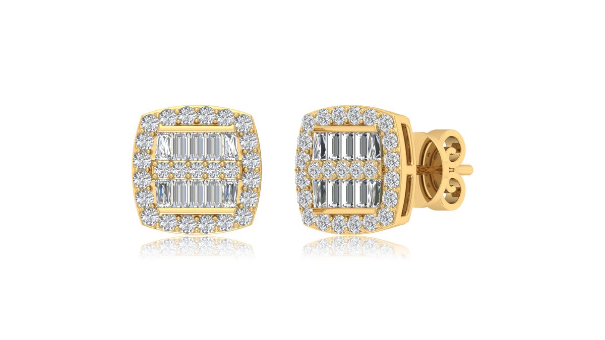 14K Yellow Gold Baguette and Round Diamond Stud Earrings