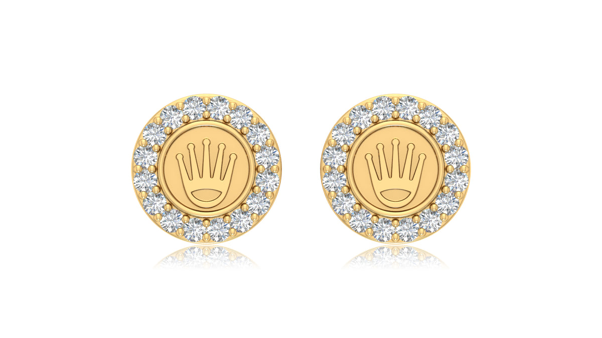 14K Yellow Gold Round Diamond Crown Stud Earrings