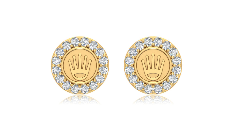 14K Yellow Gold Round Diamond Crown Stud Earrings