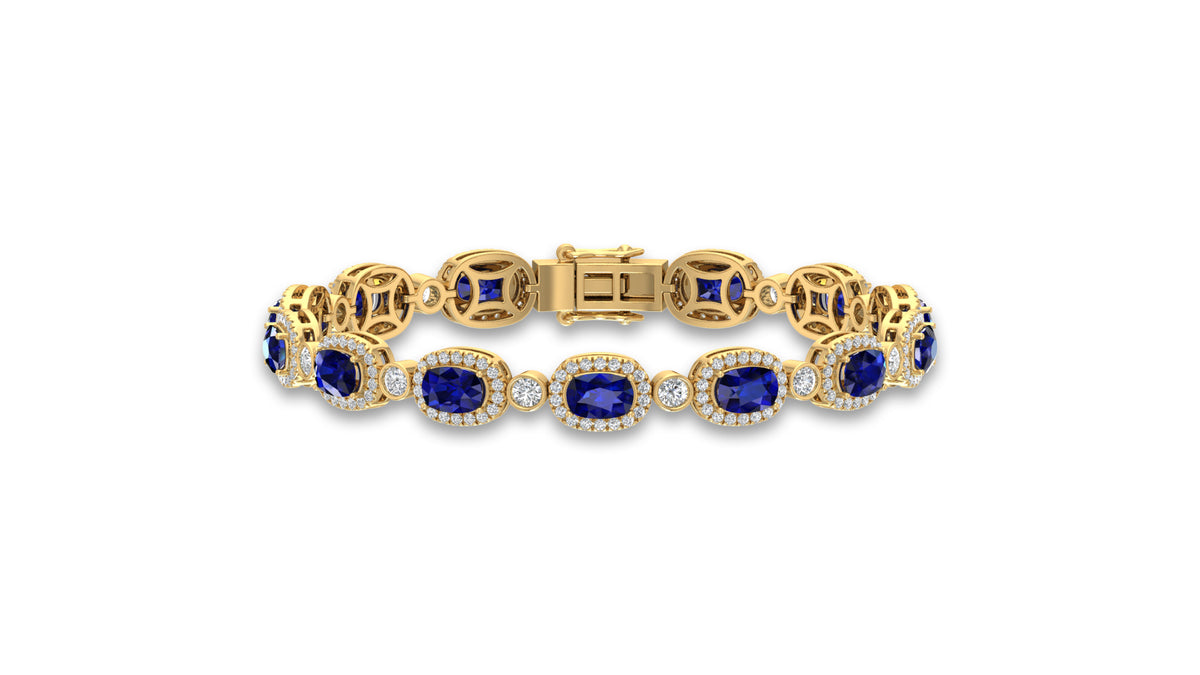 14K Yellow Gold Blue Cushion Gemstone and Diamond Bracelet