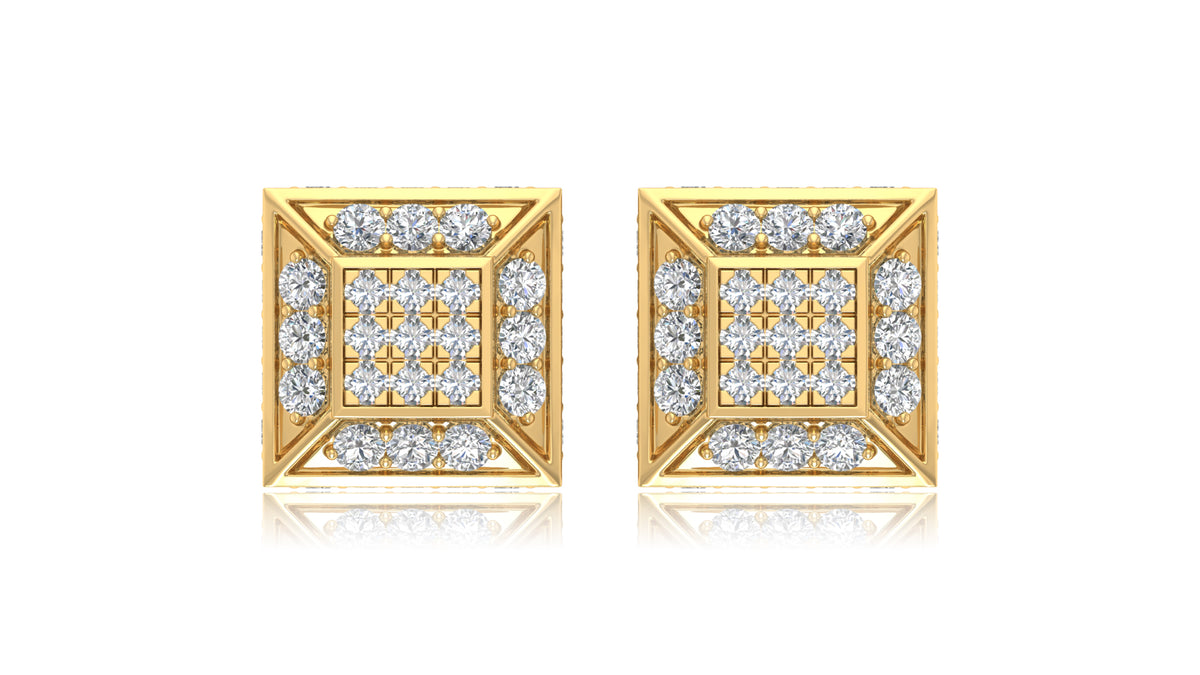 14K Yellow Gold Princess Cut Halo Diamond Stud Earrings
