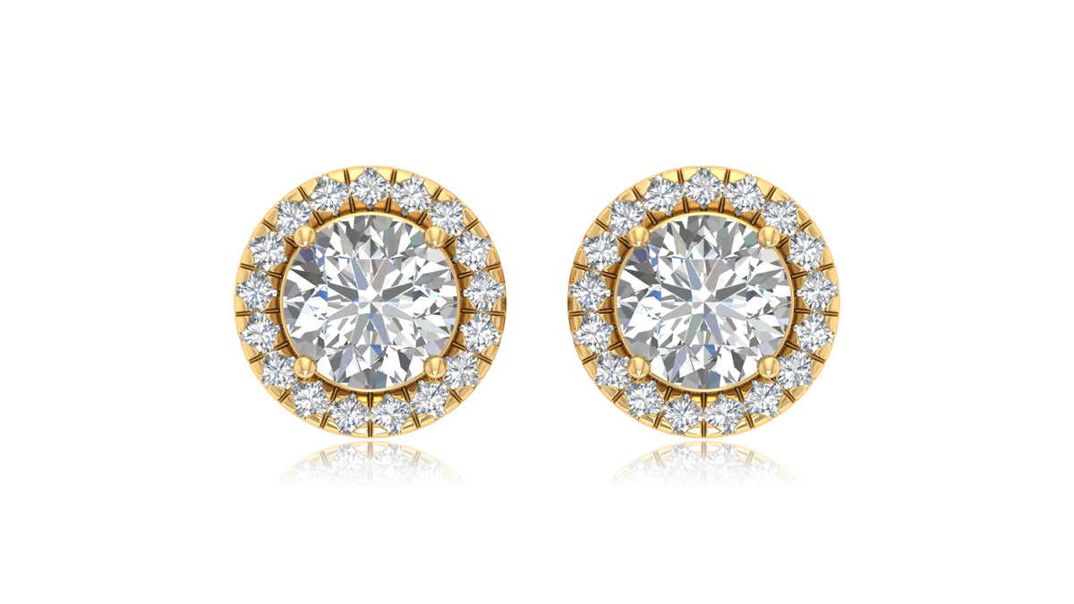 14K Yellow Gold Center Halo Diamond Stud Earrings