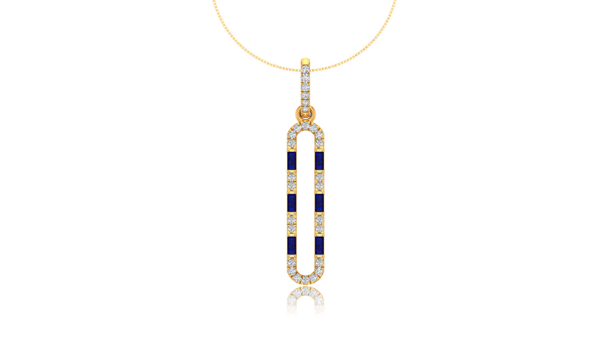 14K Yellow Gold Blue Sapphire and Diamond Bar Pendant