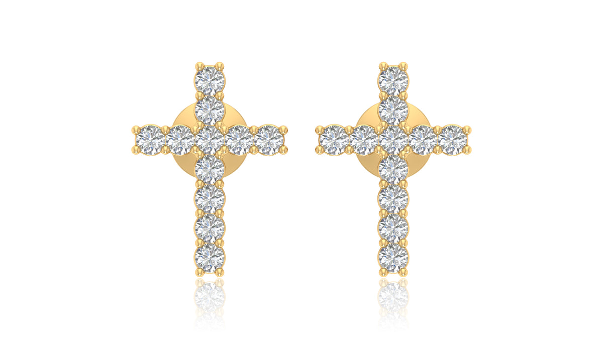 14K Yellow Gold Diamond Cross Stud Earrings