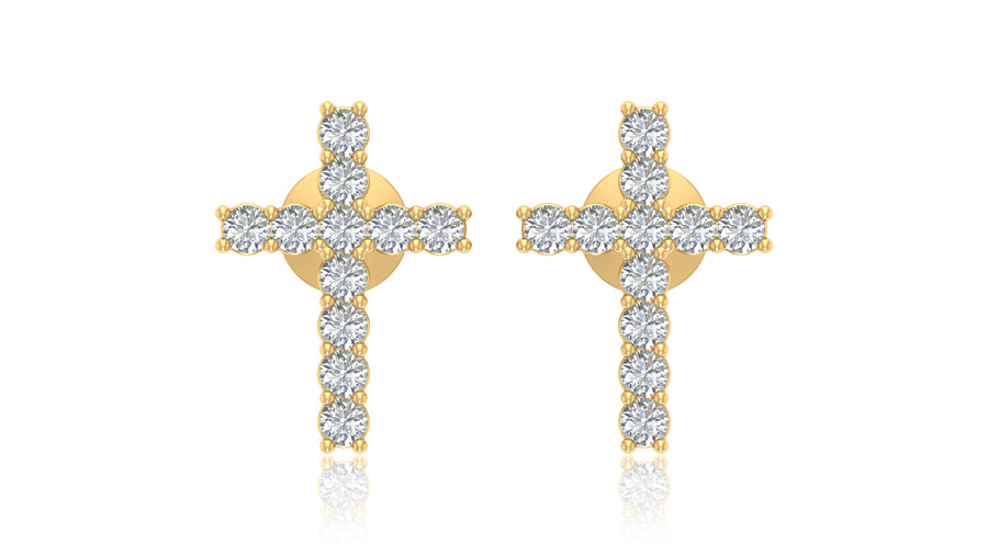 14K Yellow Gold Diamond Cross Stud Earrings