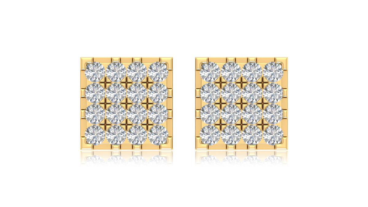 14K Yellow Gold Square Diamond Grid Stud Earrings